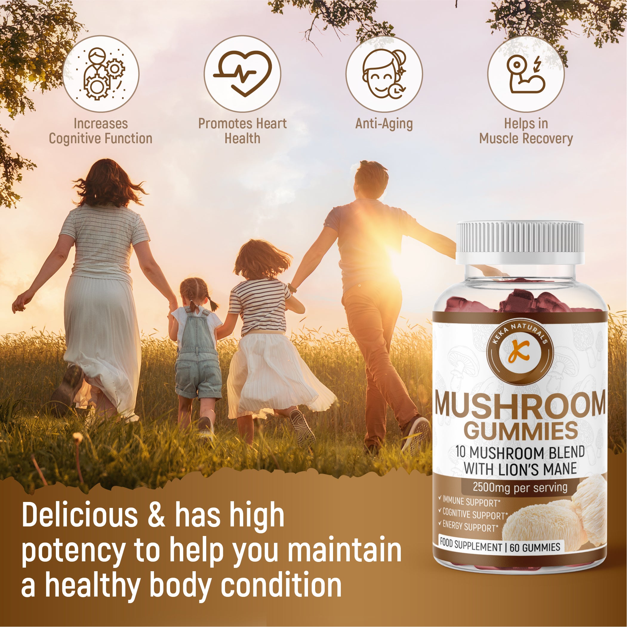 Mushroom Gummies 2500mg 10 mushroom blend with lions mane to increase cognitive function promote heart health and muscle recovery