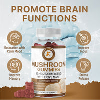 Mushroom Gummies 2500mg 10 mushroom blend with lions mane to promote brain function and stress free lifestyle 