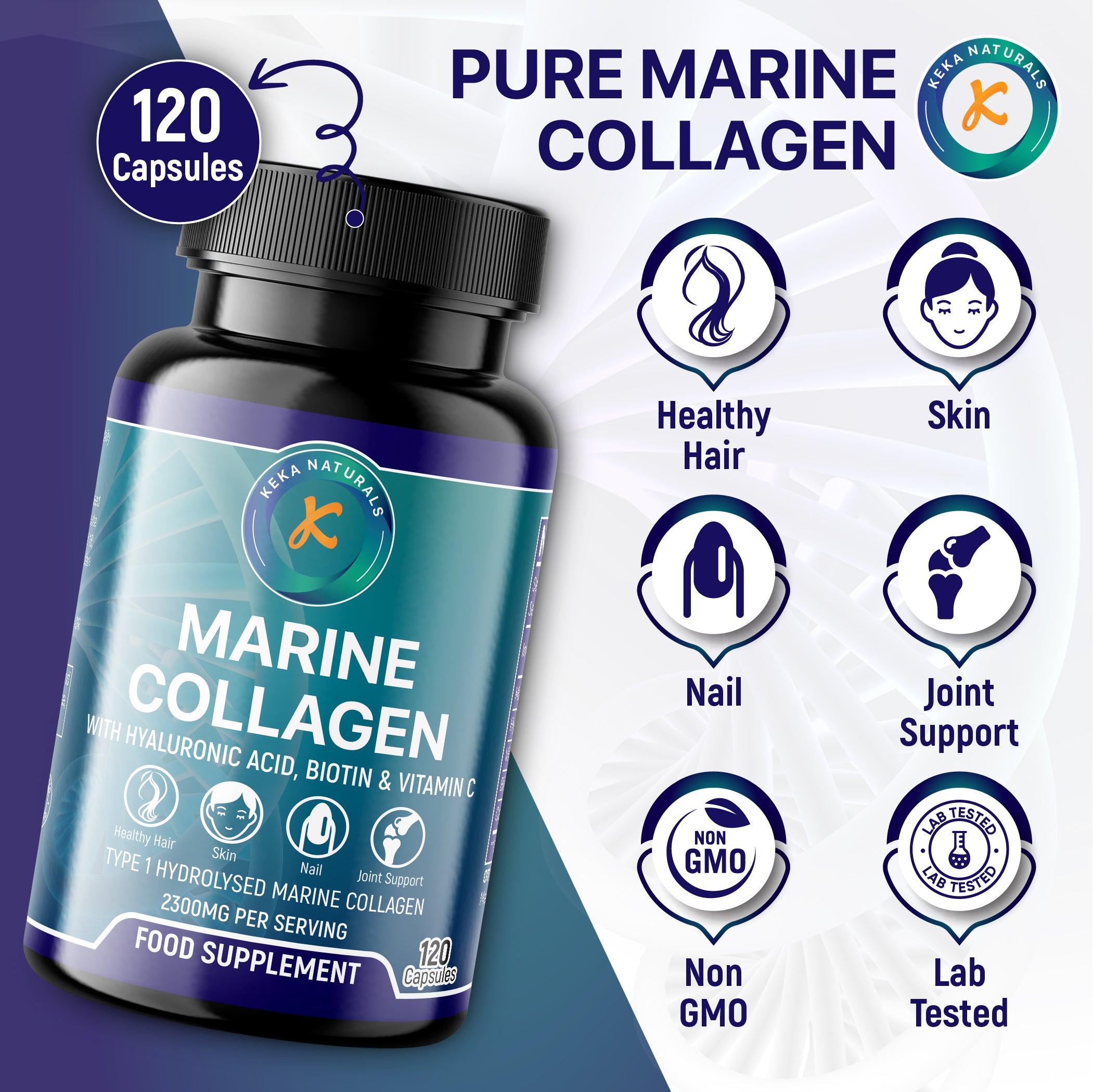 Marine Collagen with hyaluronic acid biotin and vitamin C 2300mg benefits for the body