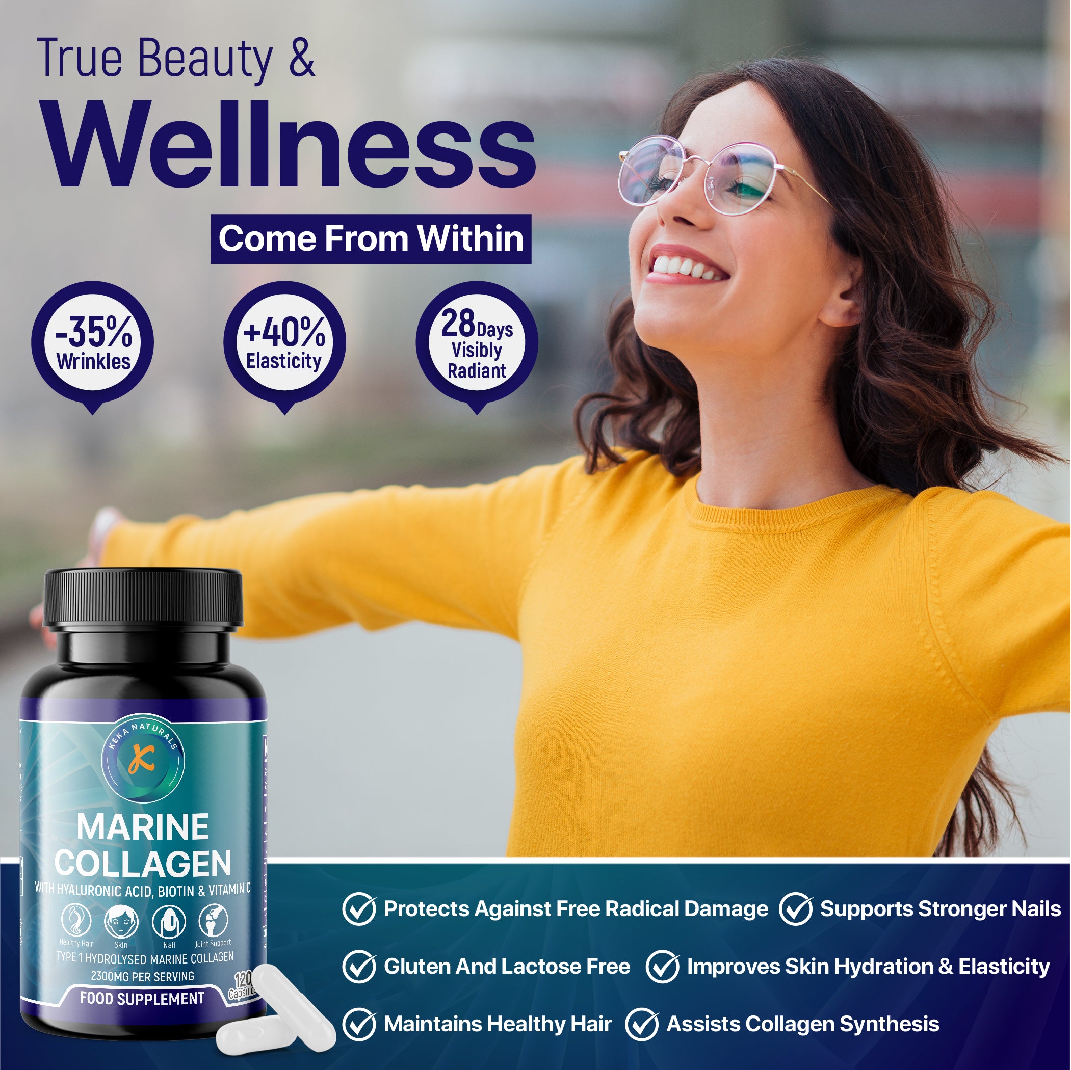Marine Collagen with hyaluronic acid biotin and vitamin C 2300mg true beauty and wellness benefits for nails, hair, skin and more