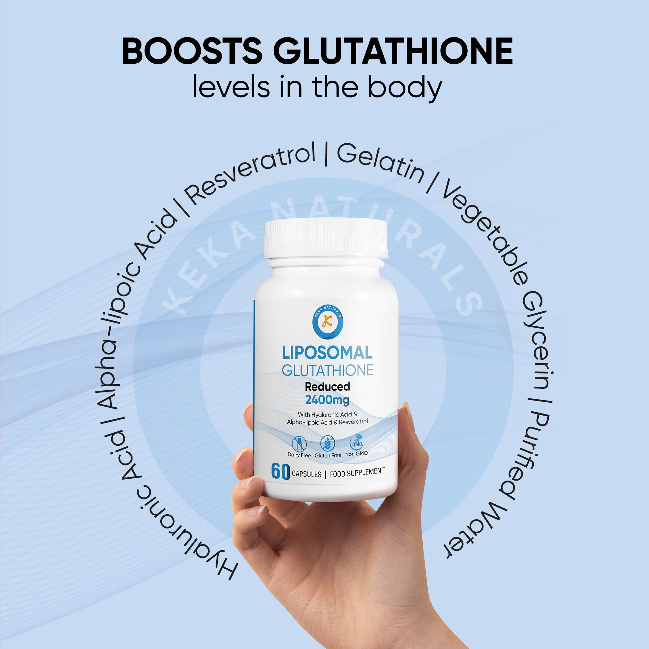 liposomal glutathione reduced with hyaluronic acid and alpha lipolic acid and resveratrol to boost glutathione levels in the body