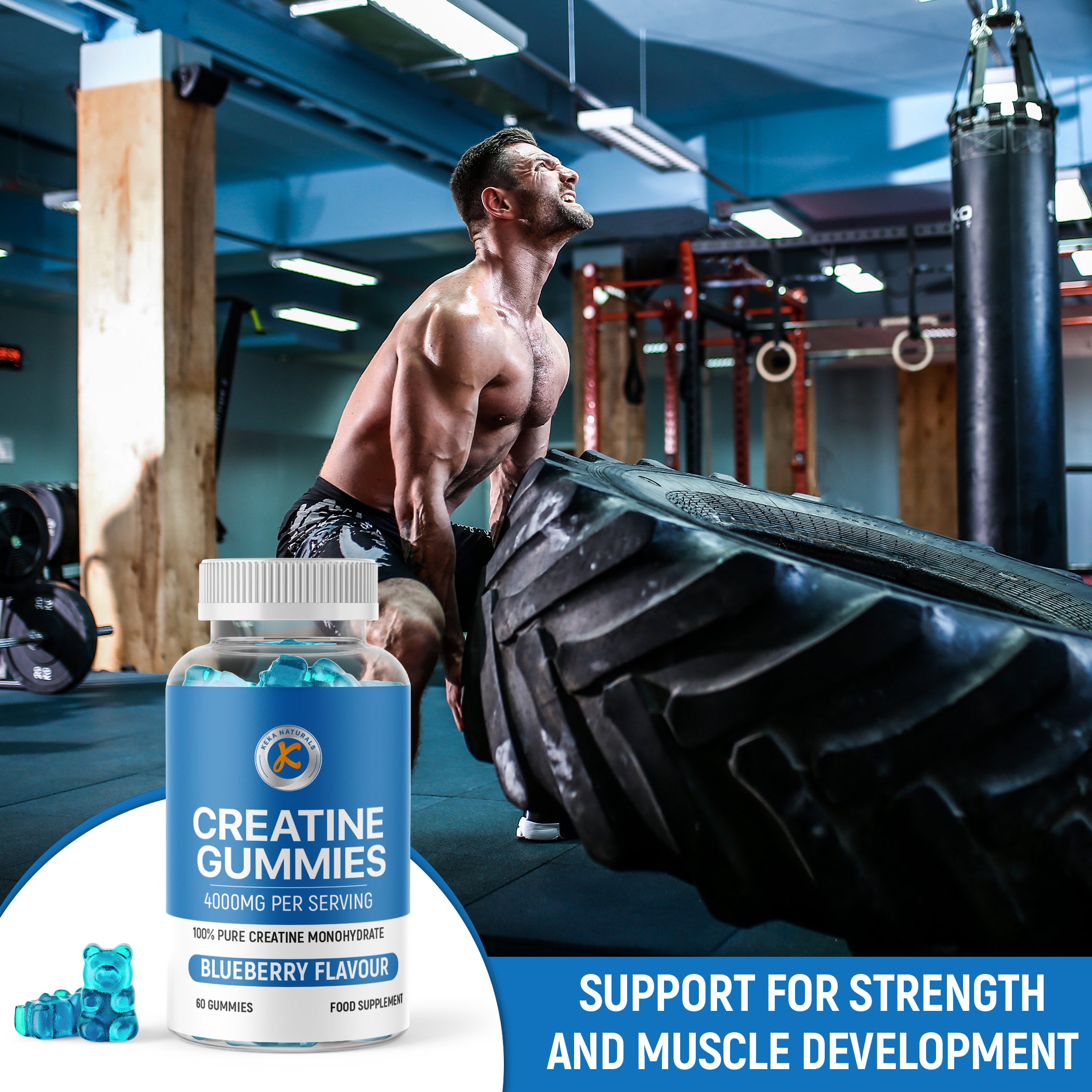 creatine gummies 4000mg per serving blueberry flavour to support strength and muscle development