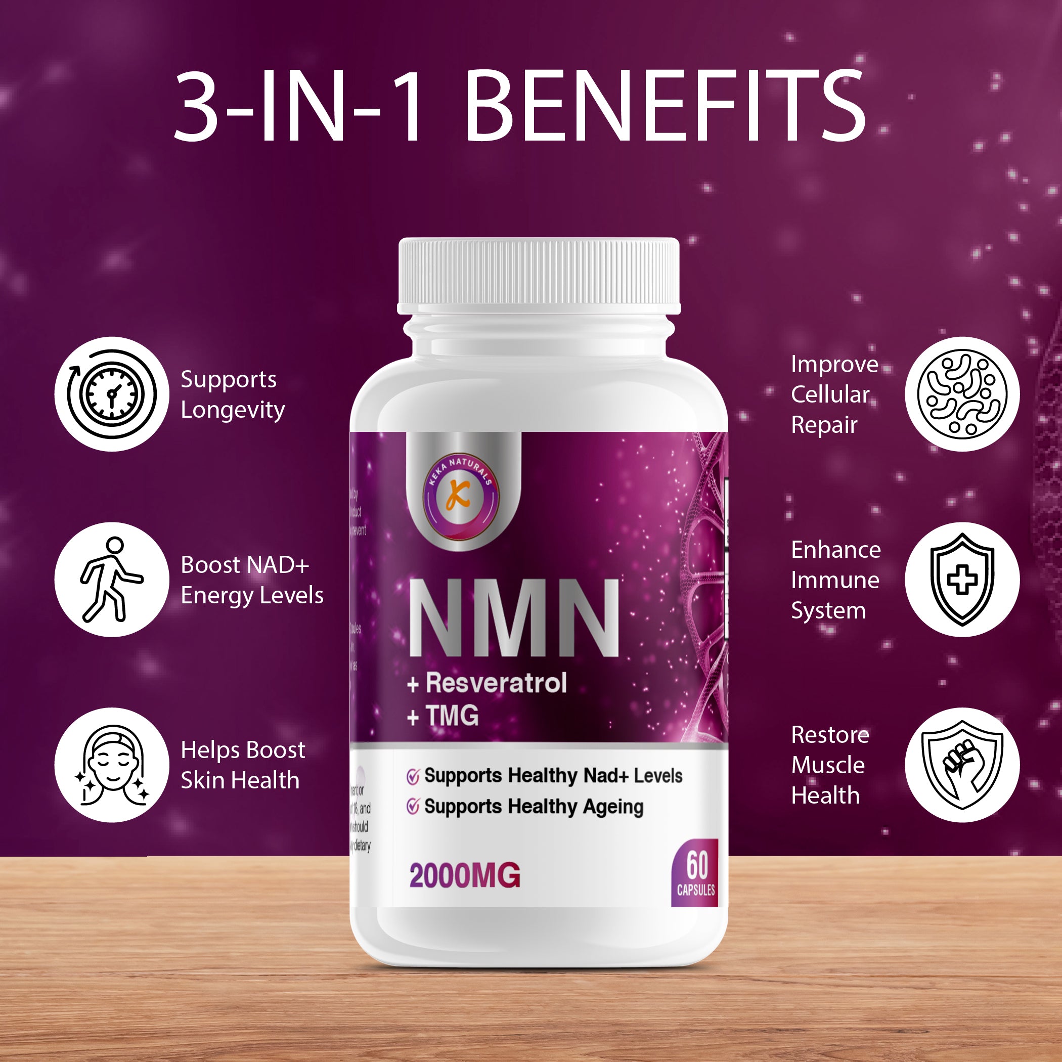 NMN Complex 2000mg with resveratrol and TMG benefits to support longevity improve cellular repair