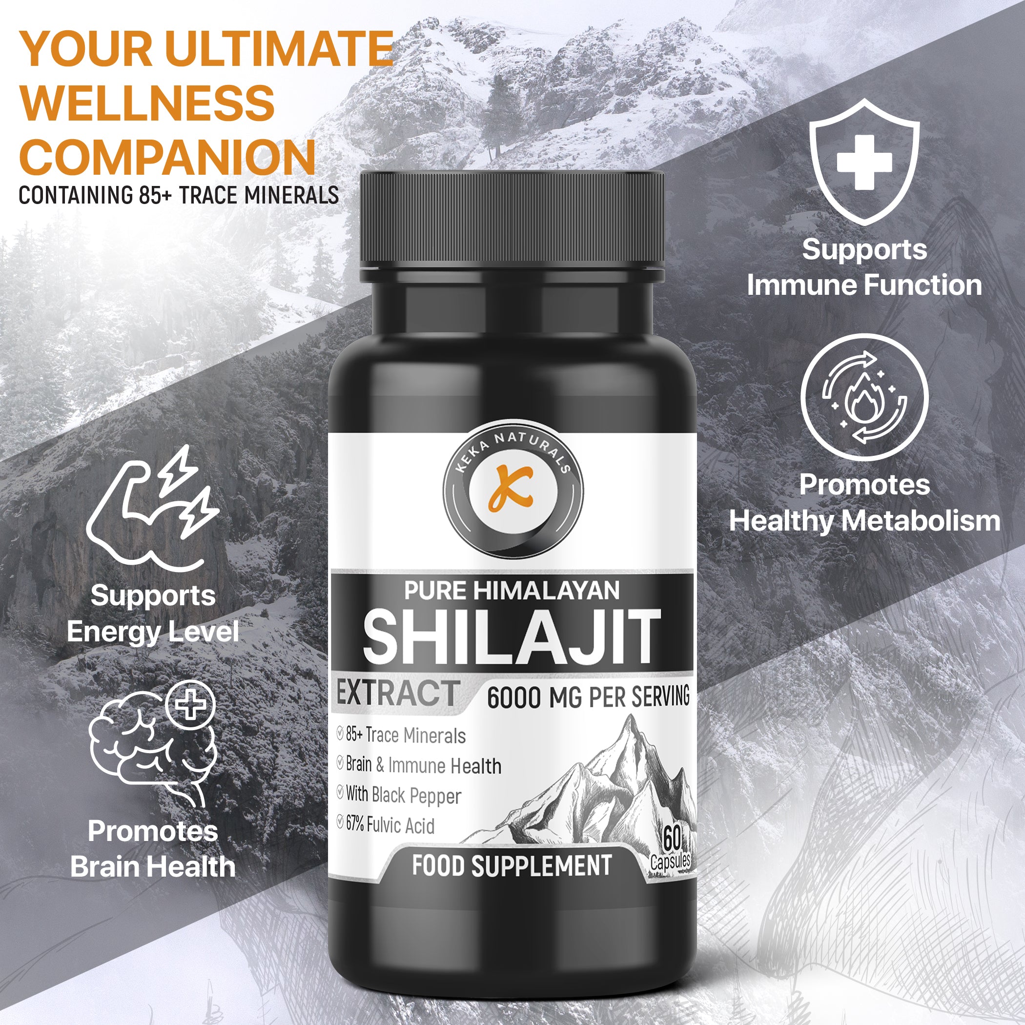 pure himalayan Shilajit Extract 6000mg containing 85+ trace minerals to promote energy levels and healthy metabolism