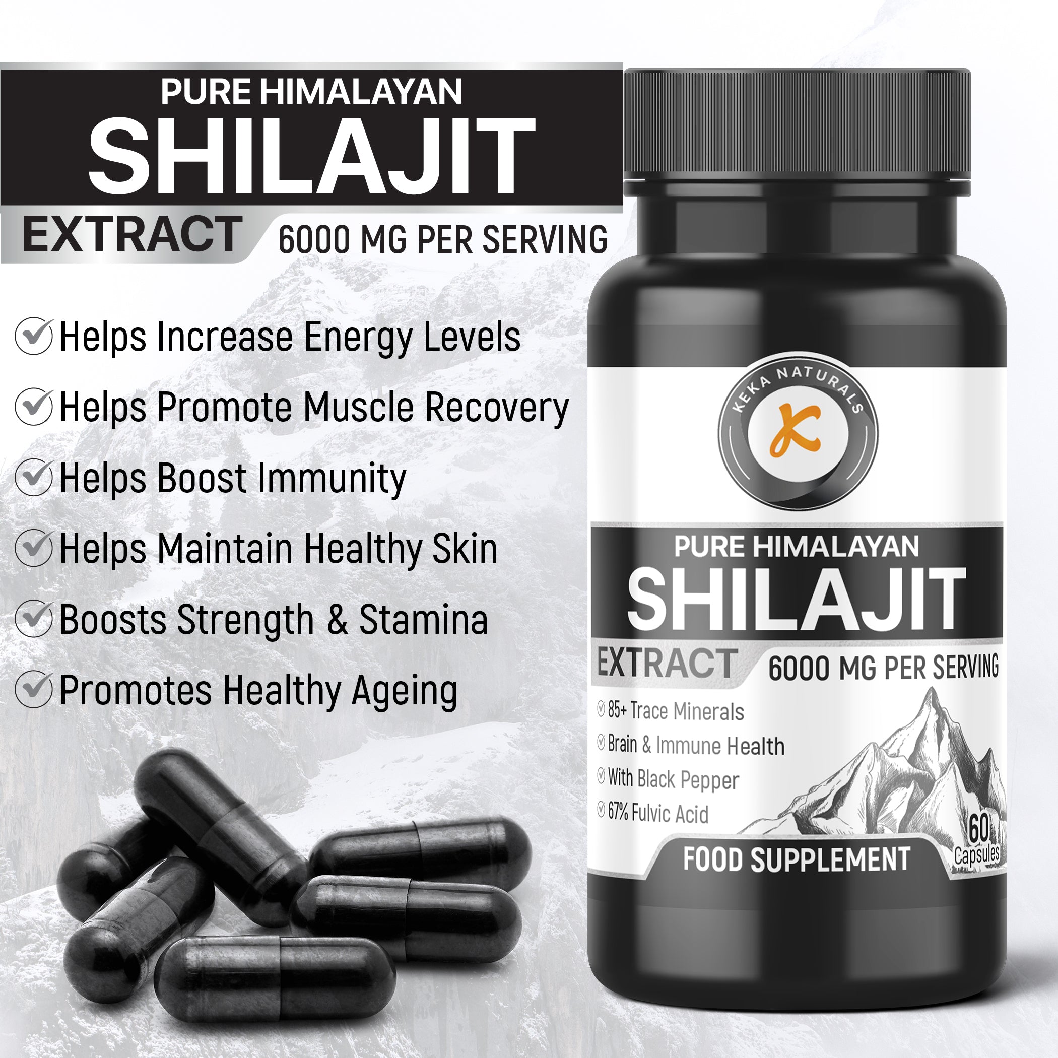 pure himalayan Shilajit Extract 6000mg benefits promotes healthy ageing and increase energy levels